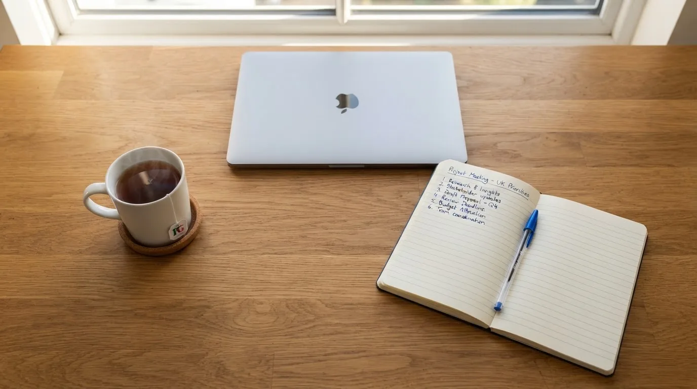 A tidy desk with a notebook, a mug of tea and a laptop open to a checklist, morning light through a window.