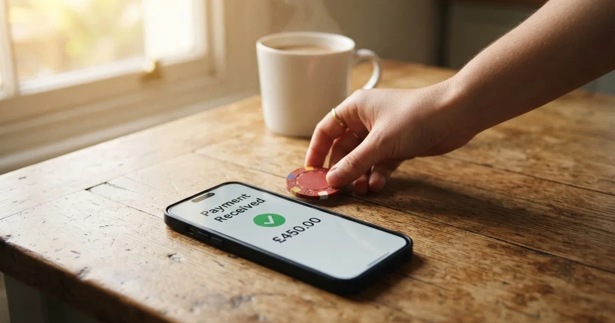 A hand places a £1 coin next to a smartphone showing a bank transfer confirmation screen on a kitchen table.
