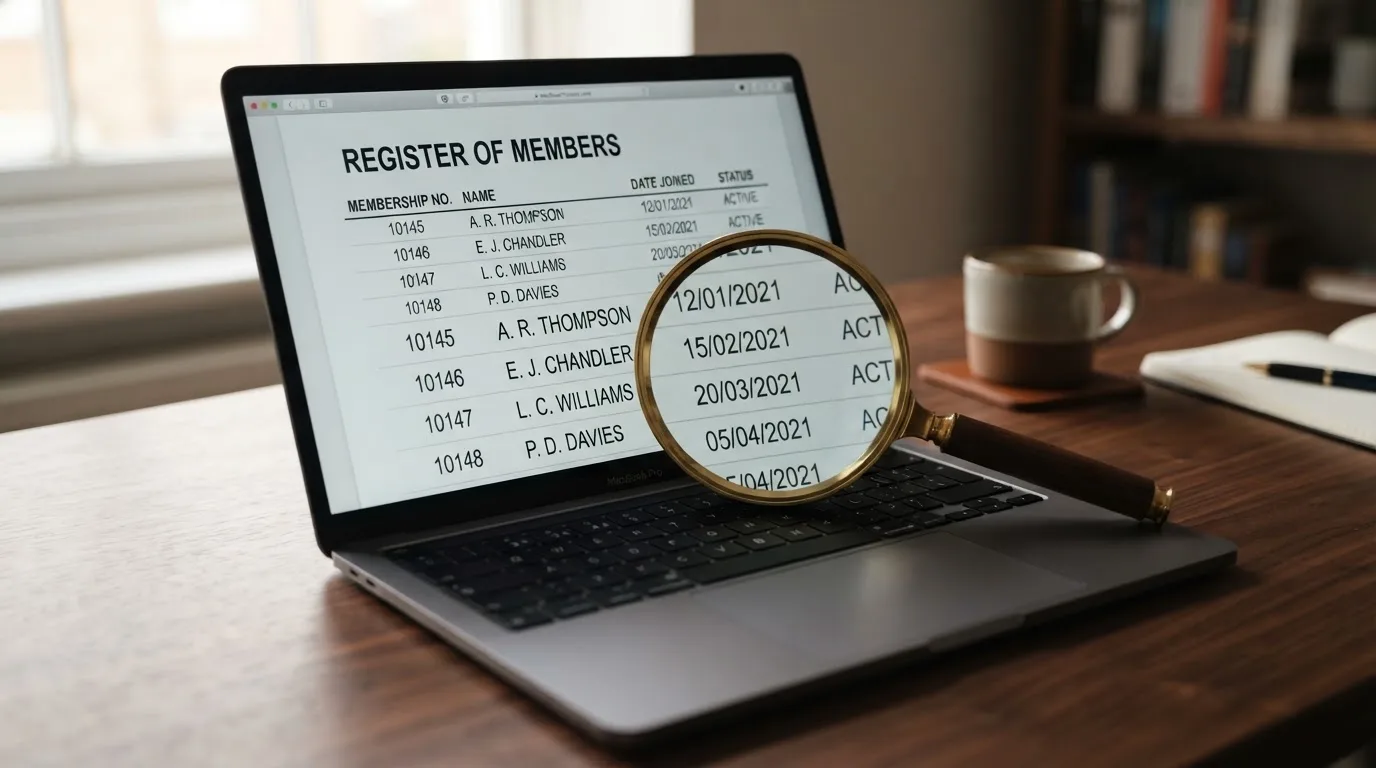 A magnifying glass rests over a printed regulatory certificate on a wooden desk.