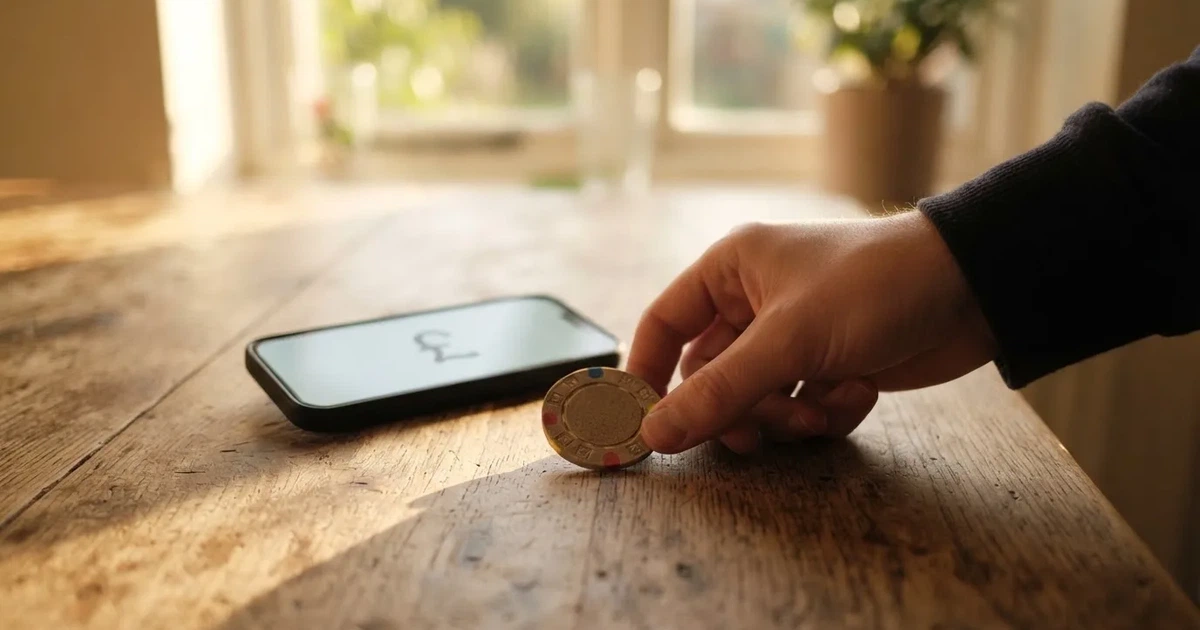 A hand places a £10 banknote next to a smartphone showing a bank transfer confirmation screen on a kitchen table.