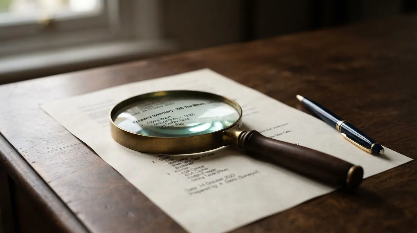 A magnifying glass rests over a printed regulatory certificate on a wooden desk.