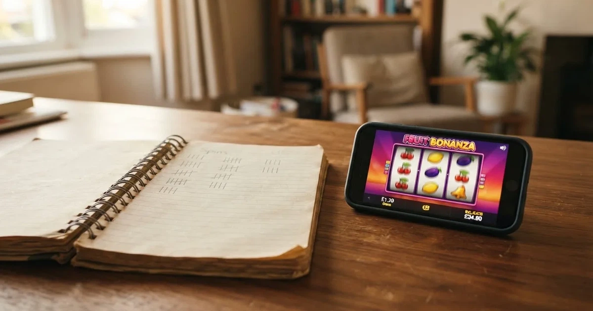 A notepad with a tally of spin counts rests beside a smartphone displaying a slot-reel icon on a desk.