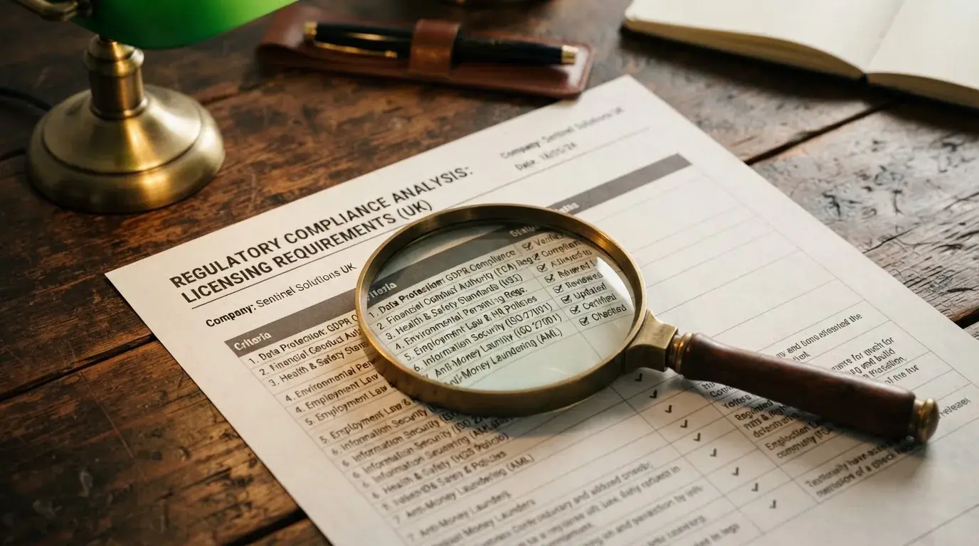 A magnifying glass rests over a printed regulatory certificate on a wooden desk.