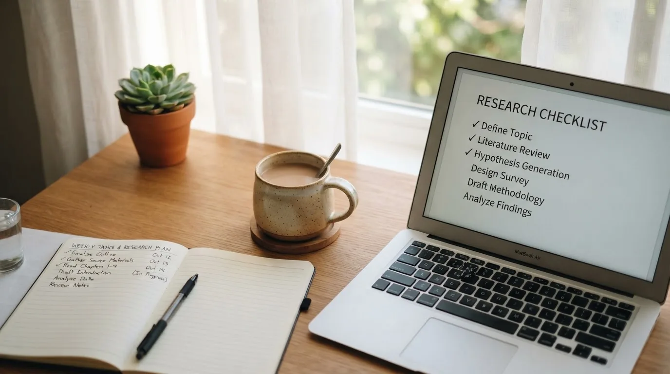 A tidy desk with a notebook, a mug of tea and a laptop open to a checklist, morning light through a window.