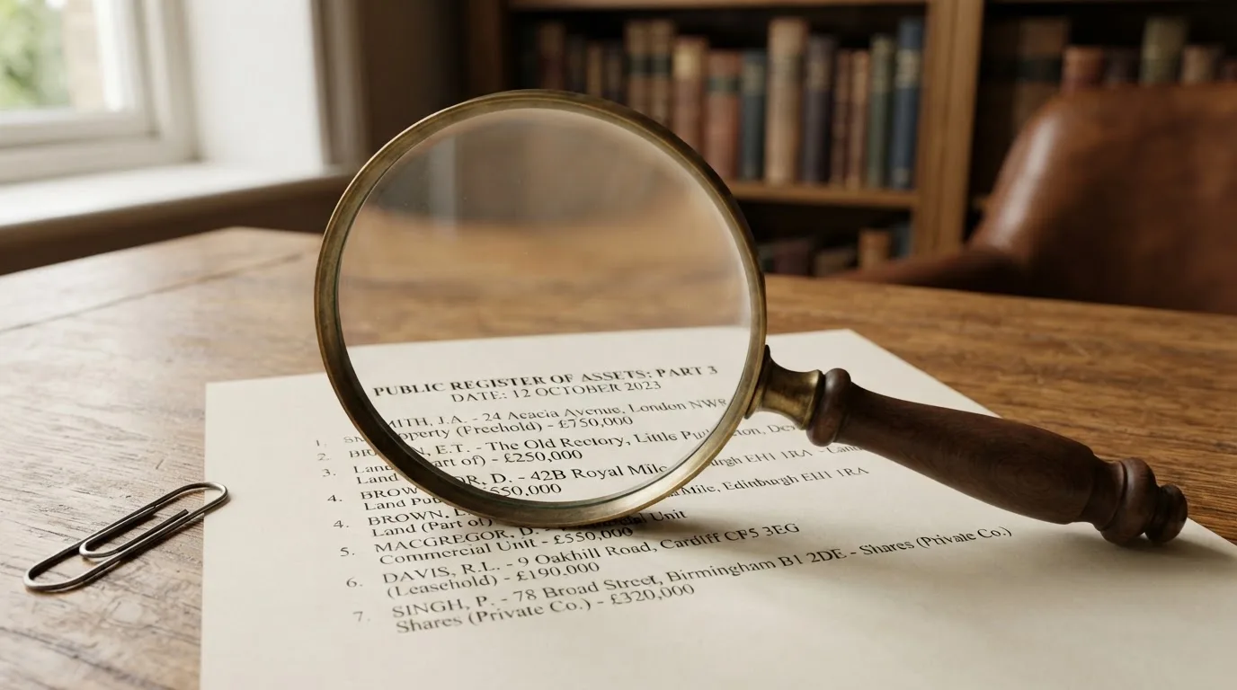 A magnifying glass rests over a printed regulatory certificate on a wooden desk.