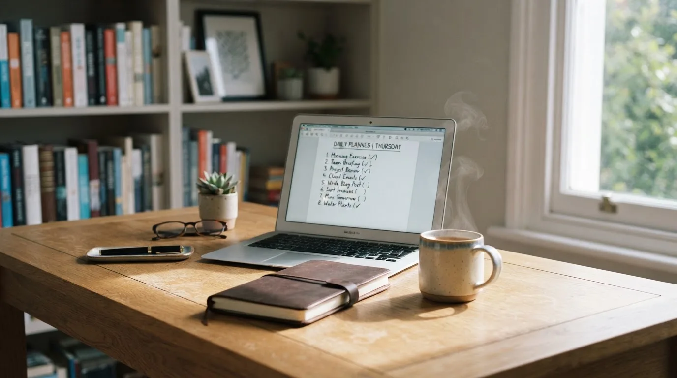 A tidy desk with a notebook, a mug of tea and a laptop open to a checklist, morning light through a window.