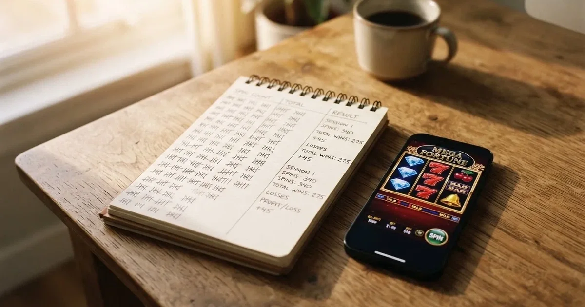 A notepad with a tally of spin counts rests beside a smartphone displaying a slot-reel icon on a desk.