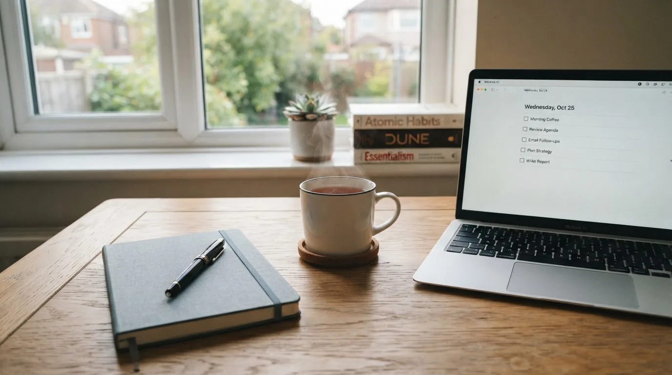 A tidy desk with a notebook, a mug of tea and a laptop open to a checklist, morning light through a window.