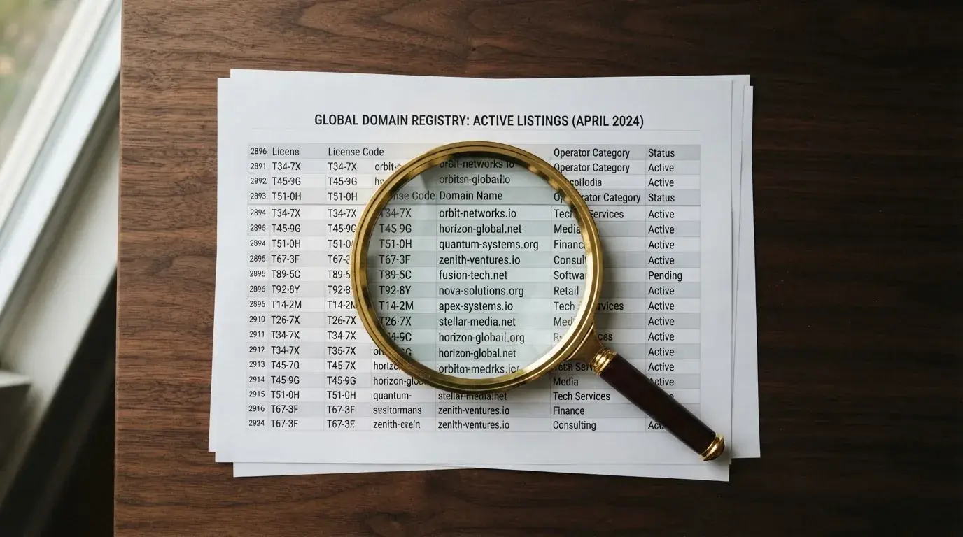 A magnifying glass rests over a printed regulatory certificate on a wooden desk.