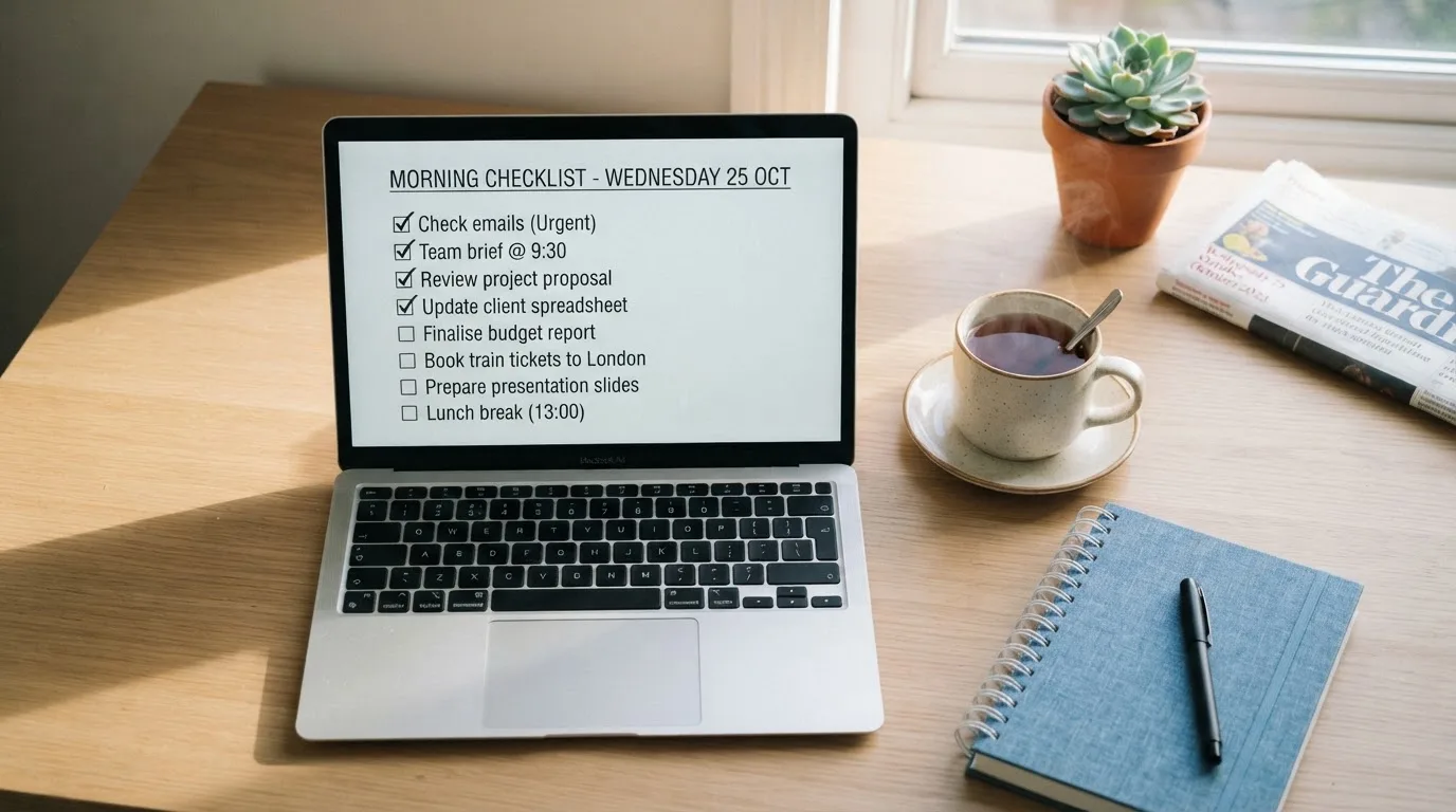 A tidy desk with a notebook, a mug of tea and a laptop open to a checklist, morning light through a window.