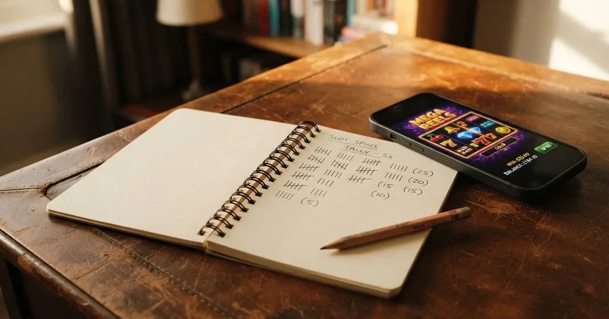 A notepad with a tally of spin counts rests beside a smartphone displaying a slot-reel icon on a desk.