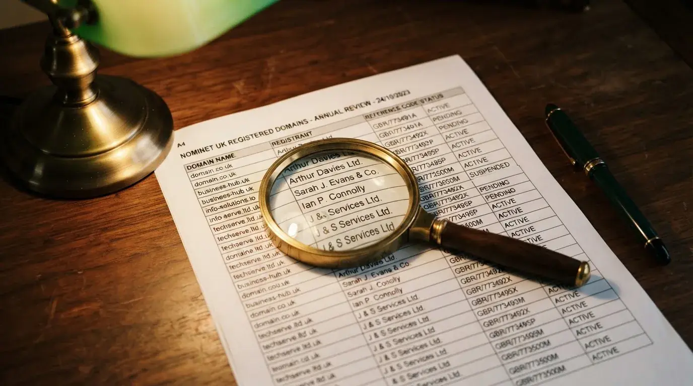 A magnifying glass rests over a printed regulatory certificate on a wooden desk.
