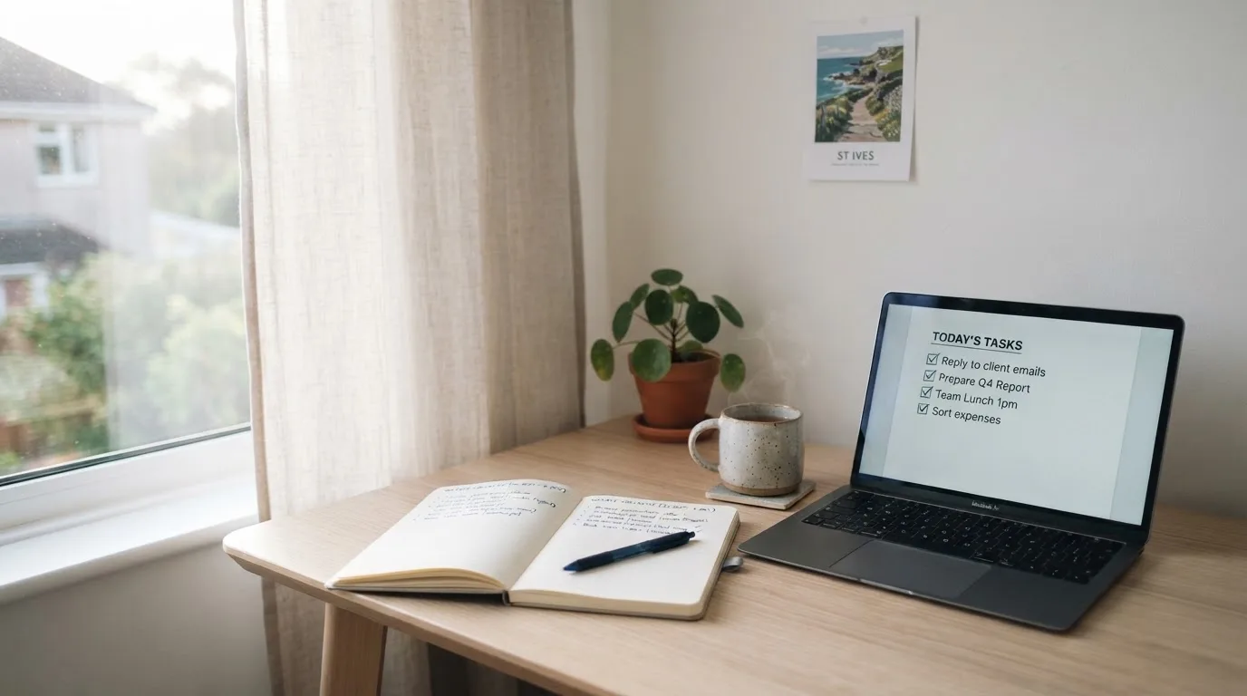 A tidy desk with a notebook, a mug of tea and a laptop open to a checklist, morning light through a window.