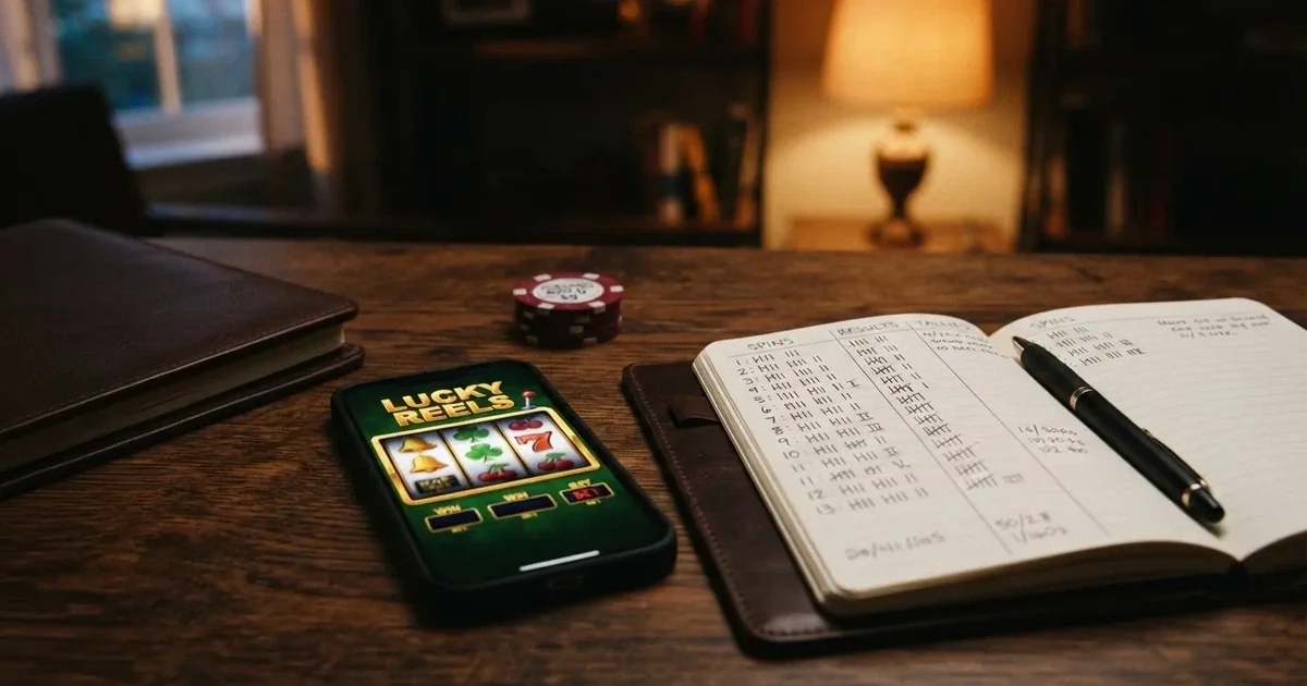 A notepad with a tally of spin counts rests beside a smartphone displaying a slot-reel icon on a desk.