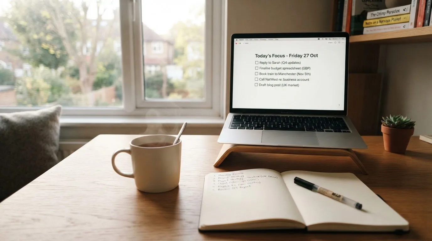 A tidy desk with a notebook, a mug of tea and a laptop open to a checklist, morning light through a window.
