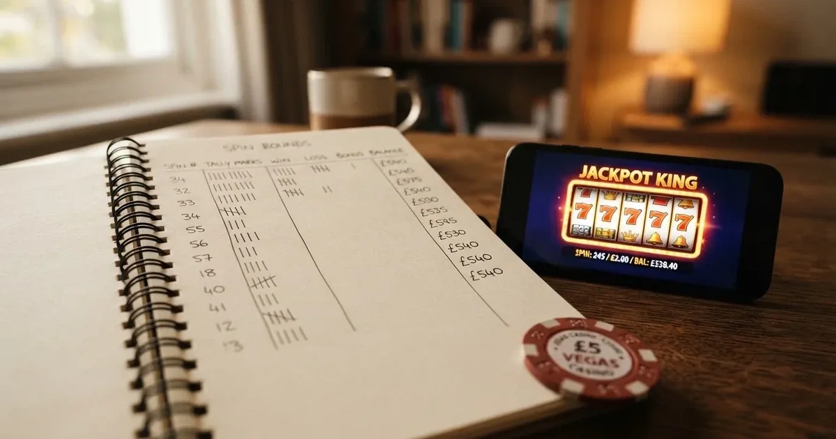 A notepad with a tally of spin counts rests beside a smartphone displaying a slot-reel icon on a desk.