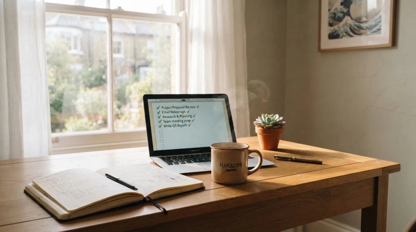 A tidy desk with a notebook, a mug of tea and a laptop open to a checklist, morning light through a window.