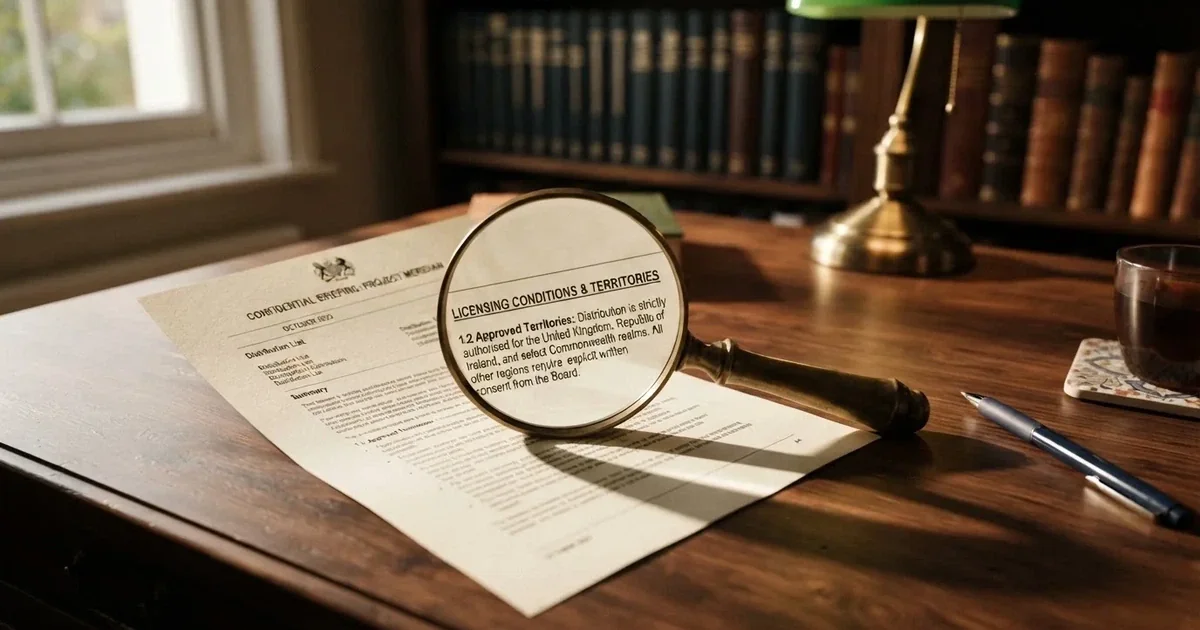 A magnifying glass rests over a printed offshore licence certificate on a wooden desk.