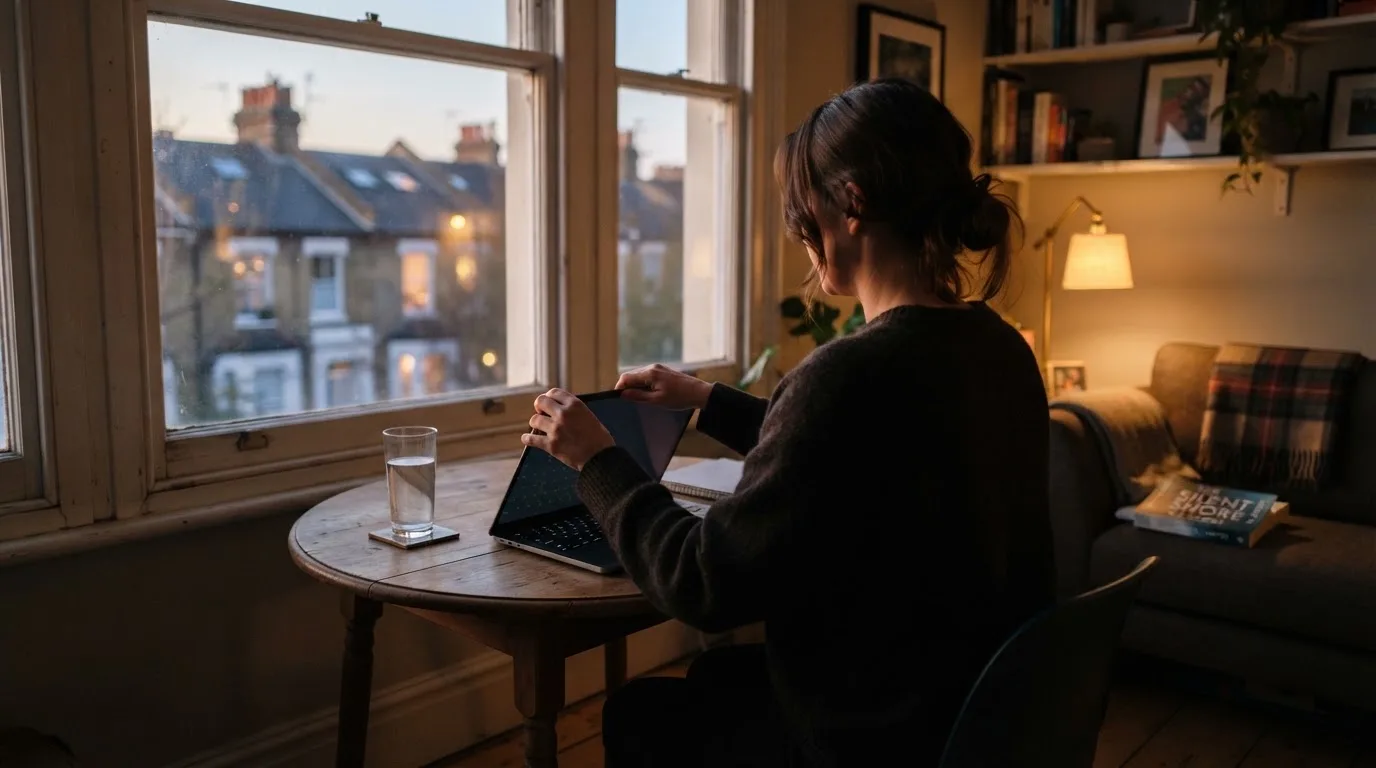 A person closes a laptop and looks out of a window at dusk, a glass of water on the table beside them.