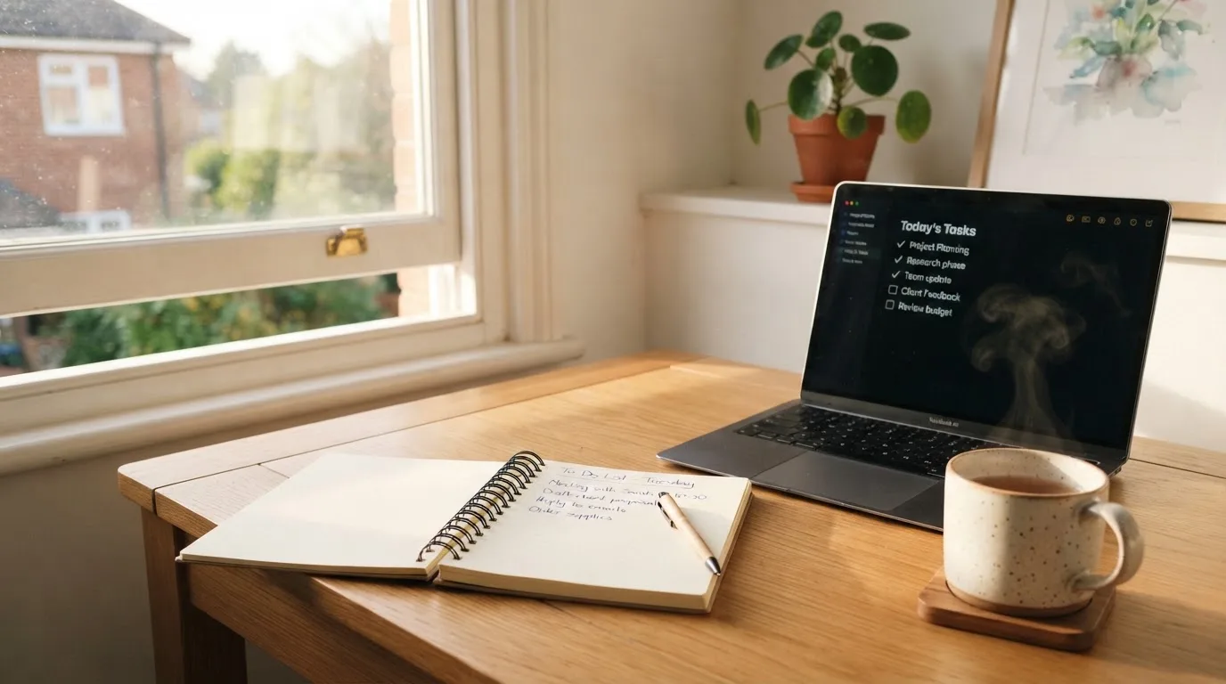 A tidy desk with a notebook, a mug of tea and a laptop open to a checklist, morning light through a window.
