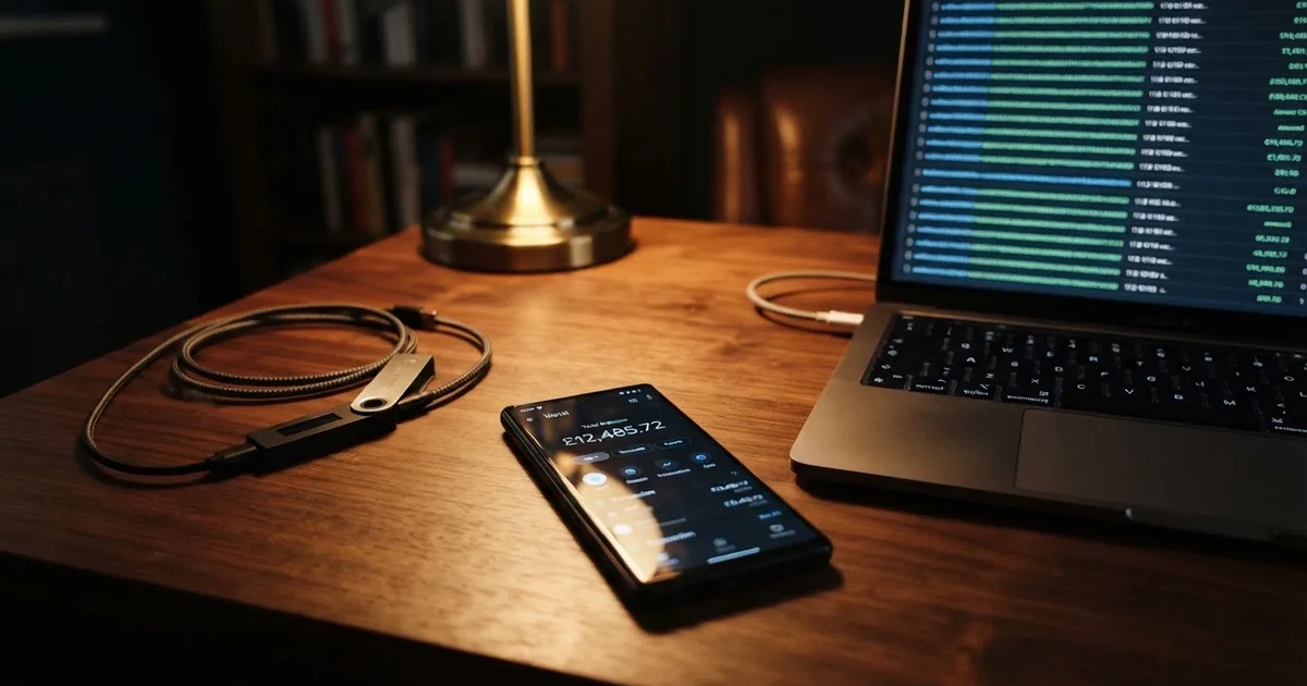 A smartphone displays a digital wallet balance next to a laptop showing scrolling transaction data in a dim room.