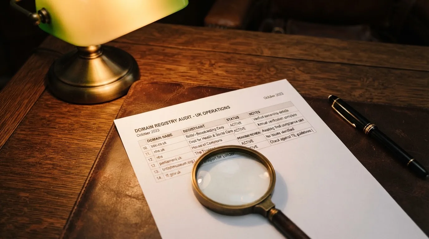 A magnifying glass rests over a printed regulatory certificate on a wooden desk.