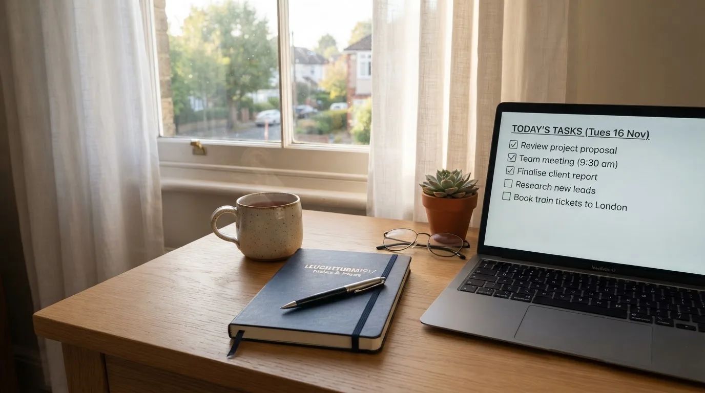A tidy desk with a notebook, a mug of tea and a laptop open to a checklist, morning light through a window.