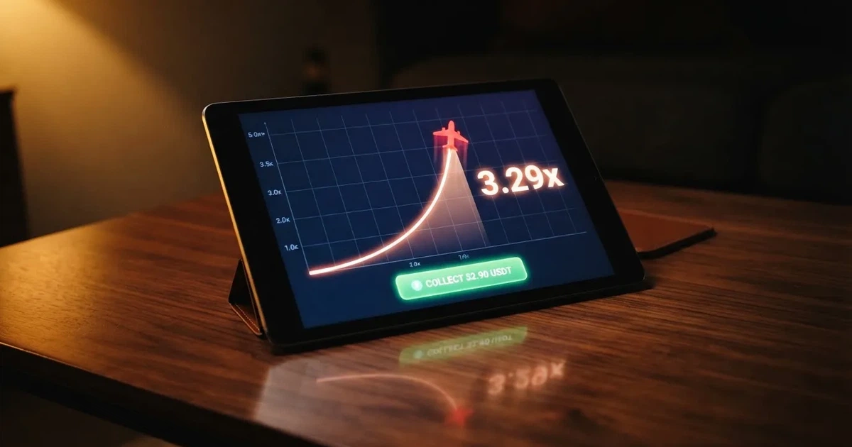 A tablet screen shows a rising flight-path line graph mid-round beside a cash-out button.