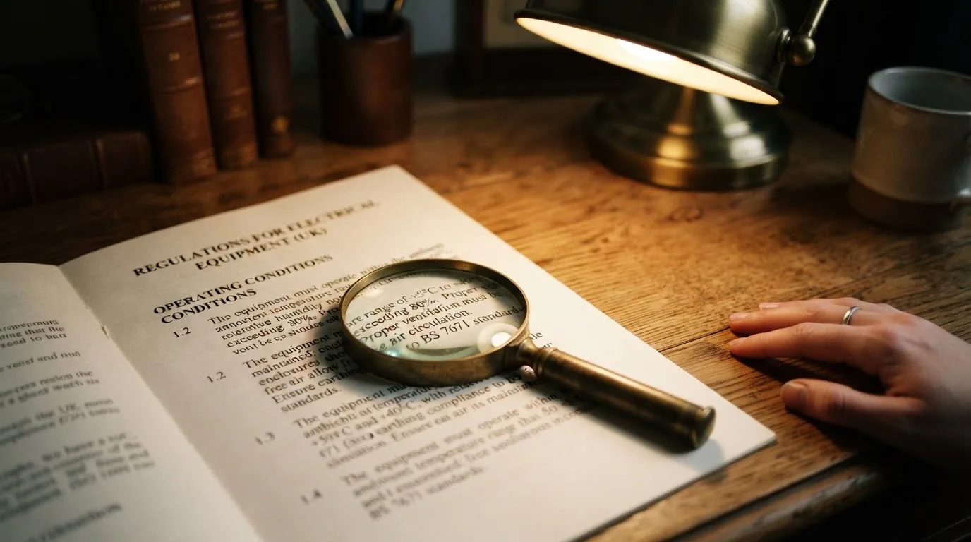 A magnifying glass rests over a printed regulatory certificate on a wooden desk.