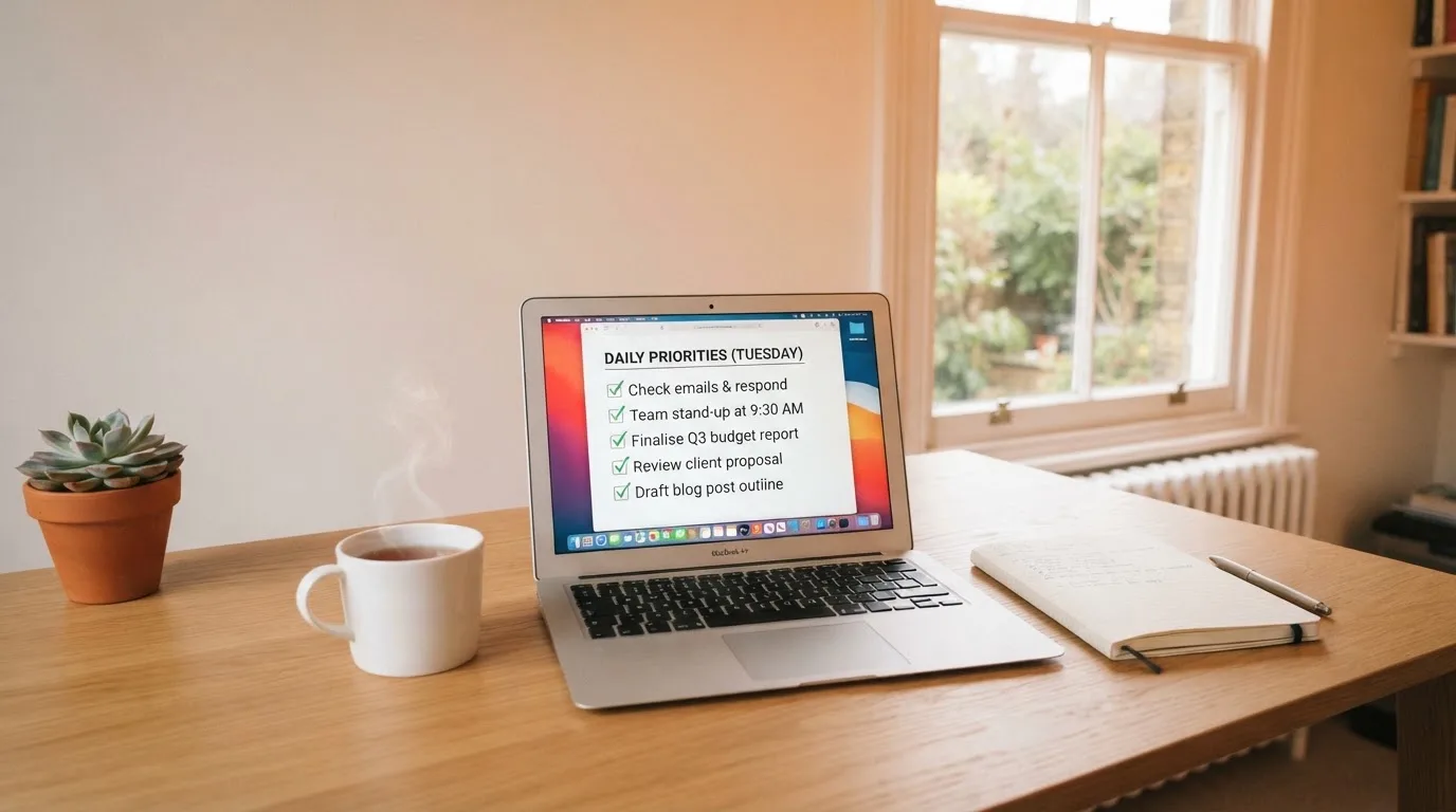 A tidy desk with a notebook, a mug of tea and a laptop open to a checklist, morning light through a window.
