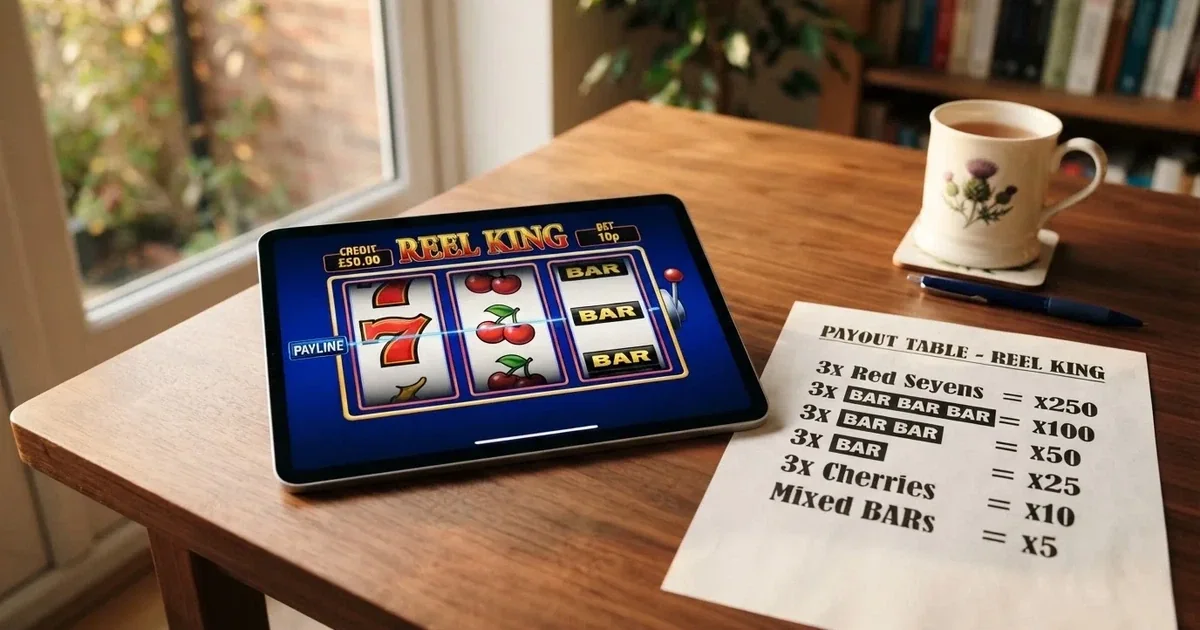 A tablet screen shows a simple three-reel slot layout with a payout chart beside it on a desk.