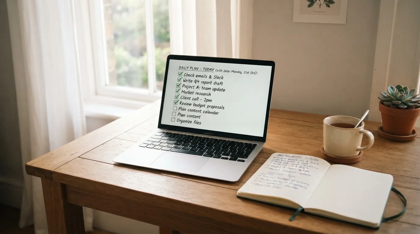 A tidy desk with a notebook, a mug of tea and a laptop open to a checklist, morning light through a window.