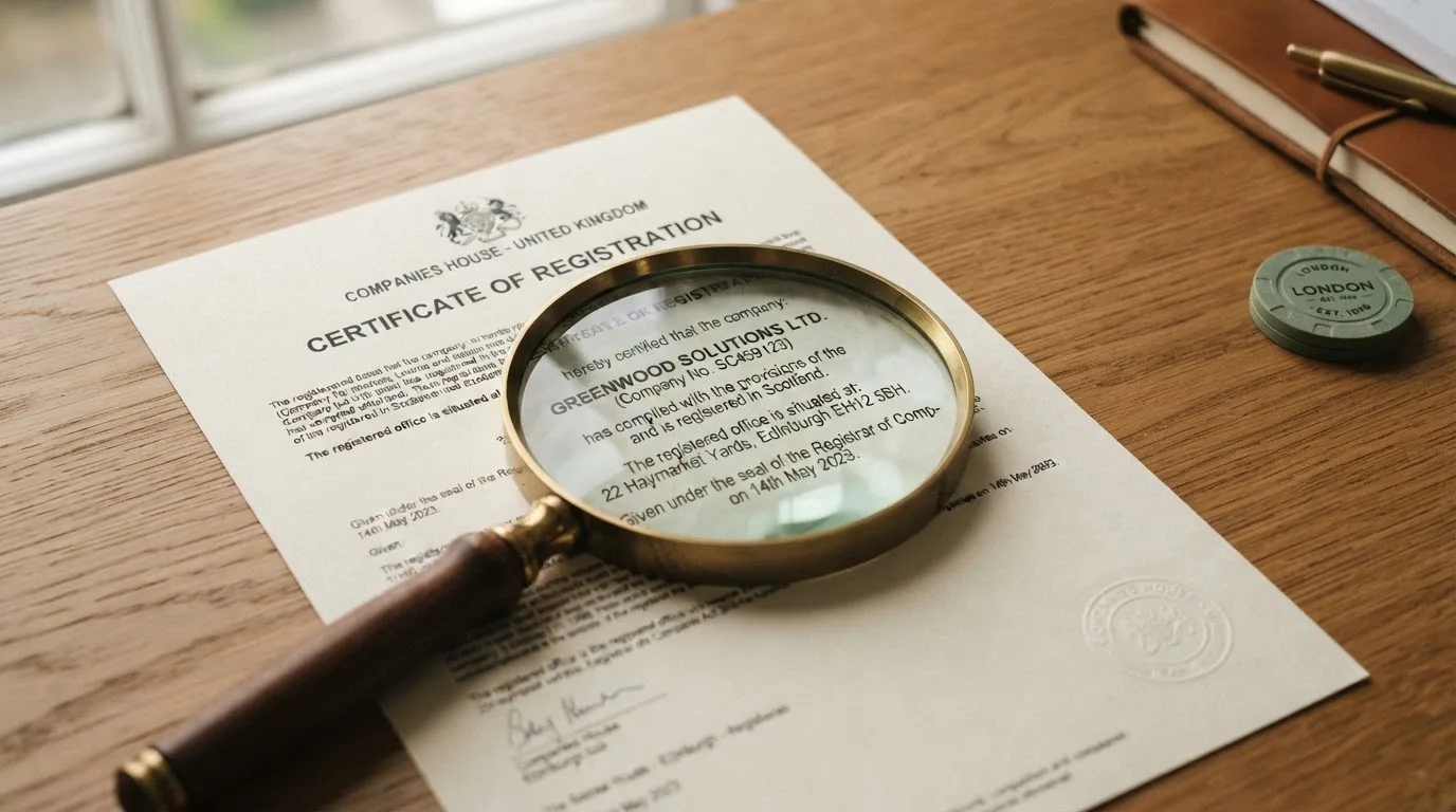 A magnifying glass rests over a printed regulatory certificate on a wooden desk.