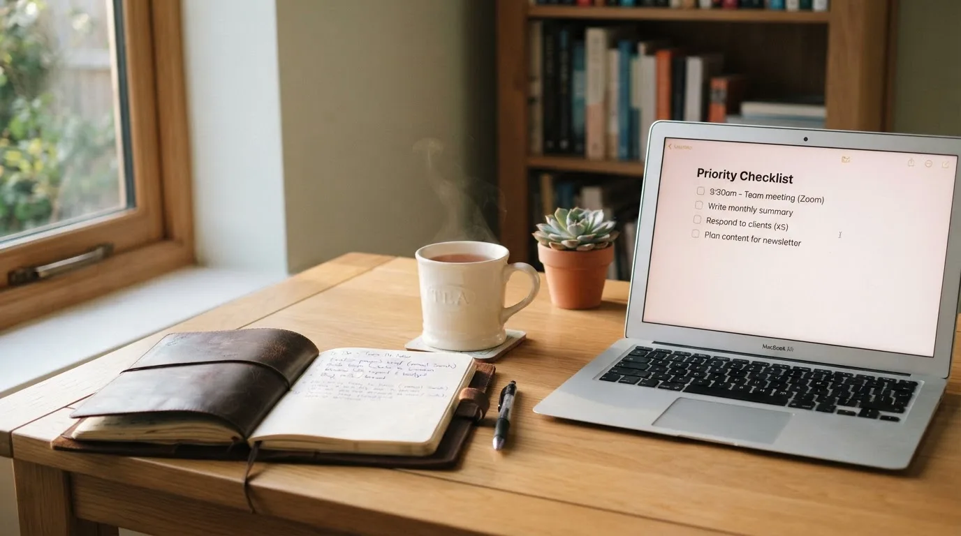 A tidy desk with a notebook, a mug of tea and a laptop open to a checklist, morning light through a window.