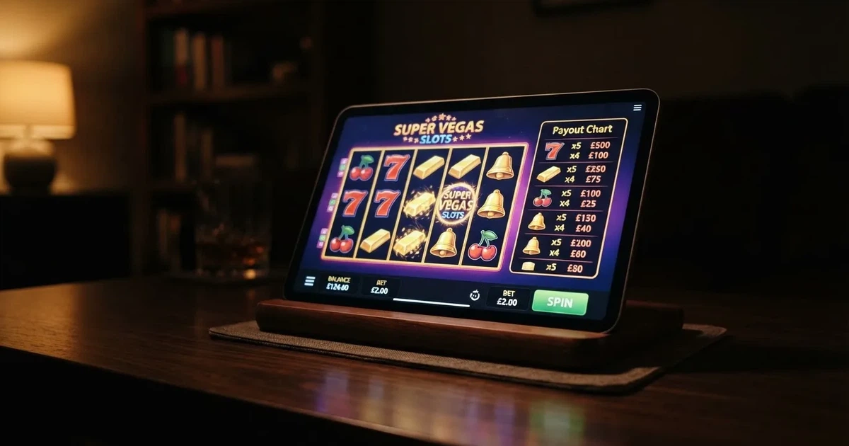 A tablet propped on a stand displays a grid of slot symbols and a payout chart in a dimly lit room.