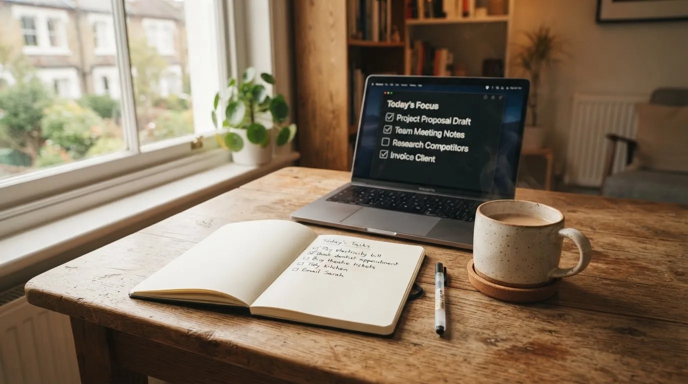 A tidy desk with a notebook, a mug of tea and a laptop open to a checklist, morning light through a window.