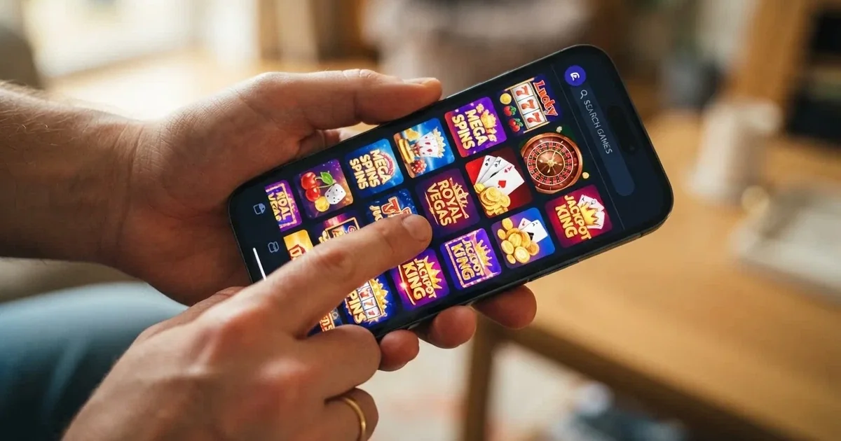A close-up of a finger tapping a smartphone screen showing rows of casino-style app icons.