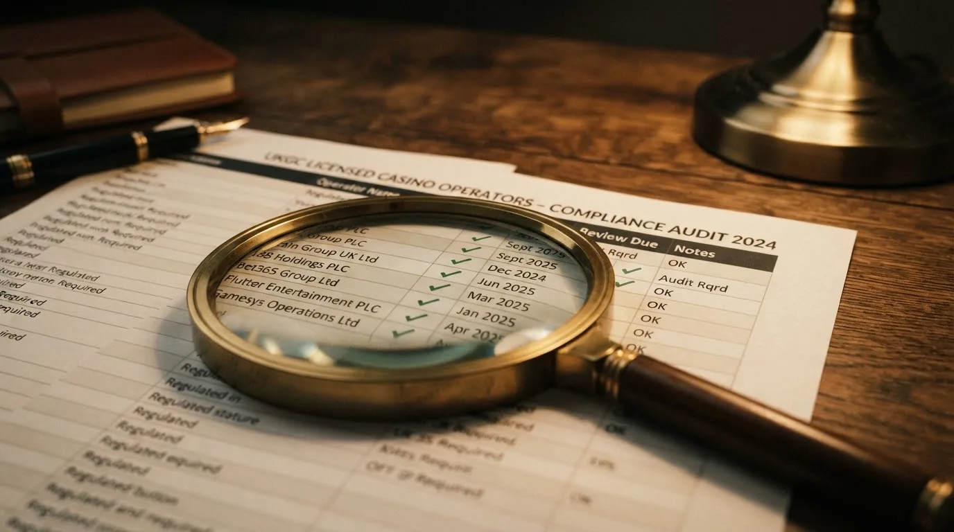 A magnifying glass rests over a printed regulatory certificate on a wooden desk.