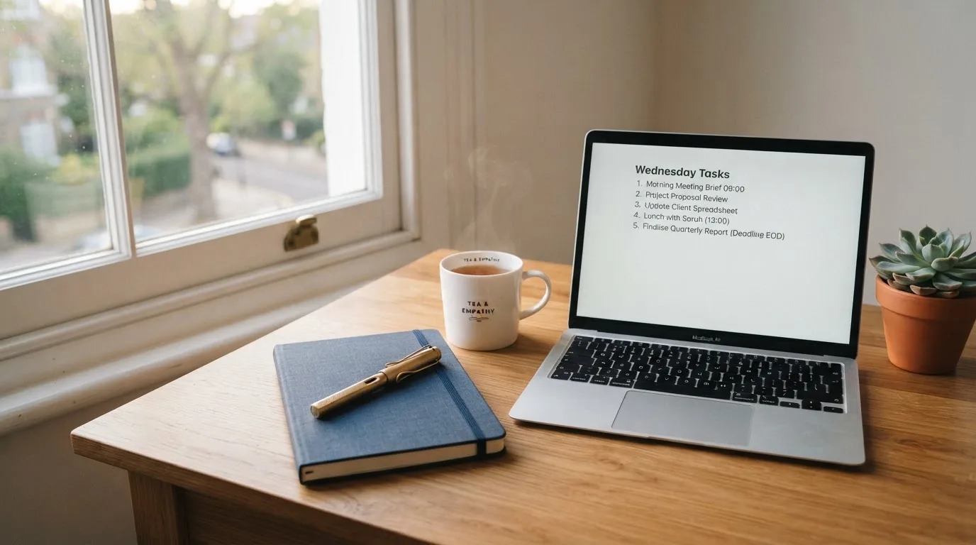A tidy desk with a notebook, a mug of tea and a laptop open to a checklist, morning light through a window.