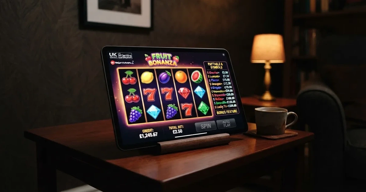 A tablet propped on a stand displays a grid of slot symbols and a payout chart in a dimly lit room.