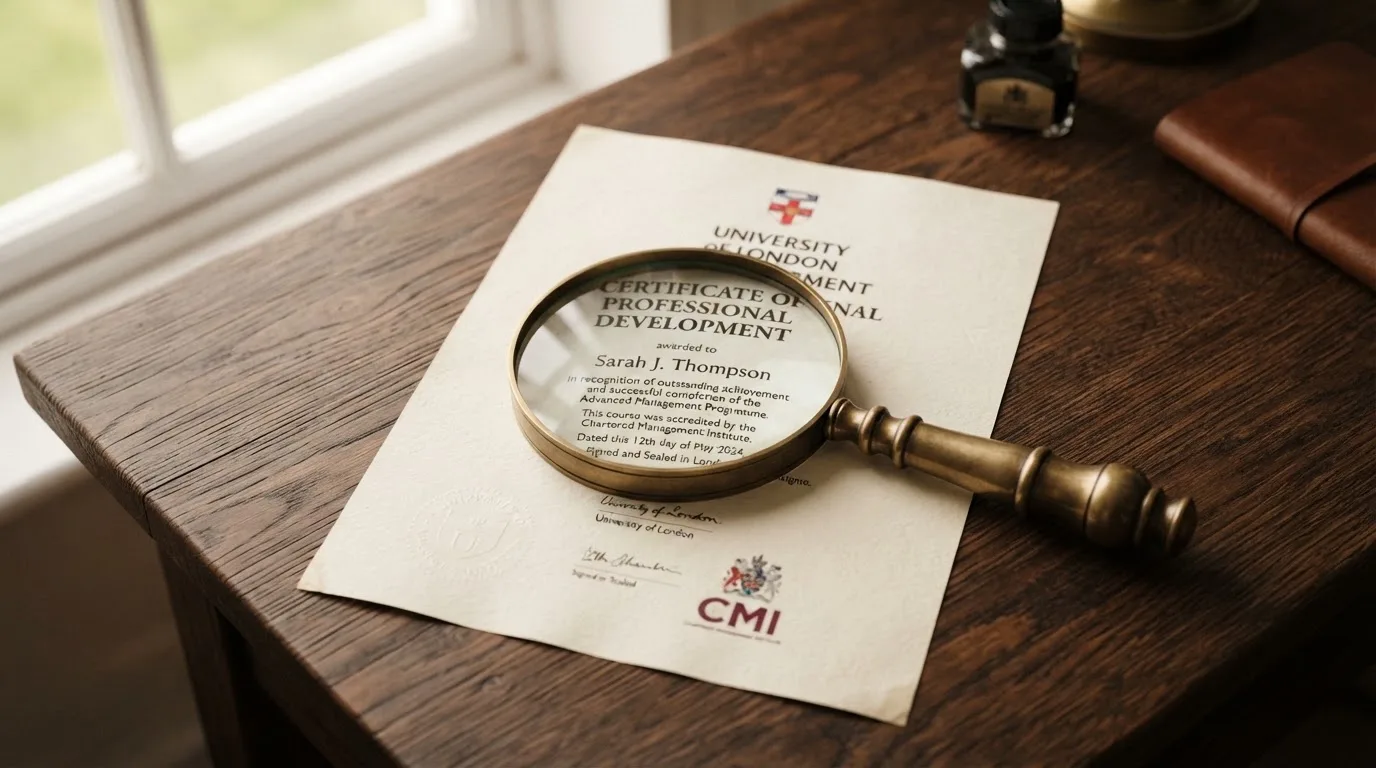 A magnifying glass rests over a printed regulatory certificate on a wooden desk.