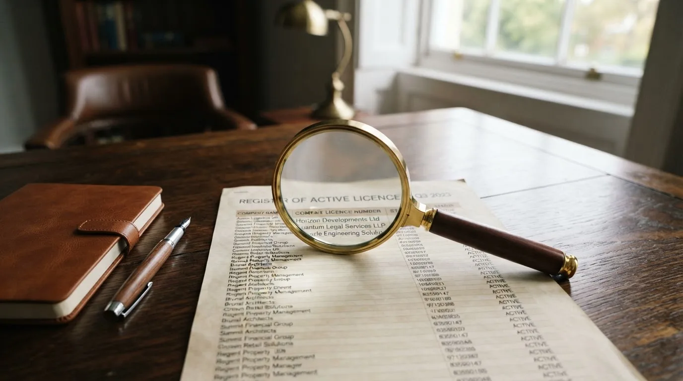 A magnifying glass rests over a printed regulatory certificate on a wooden desk.