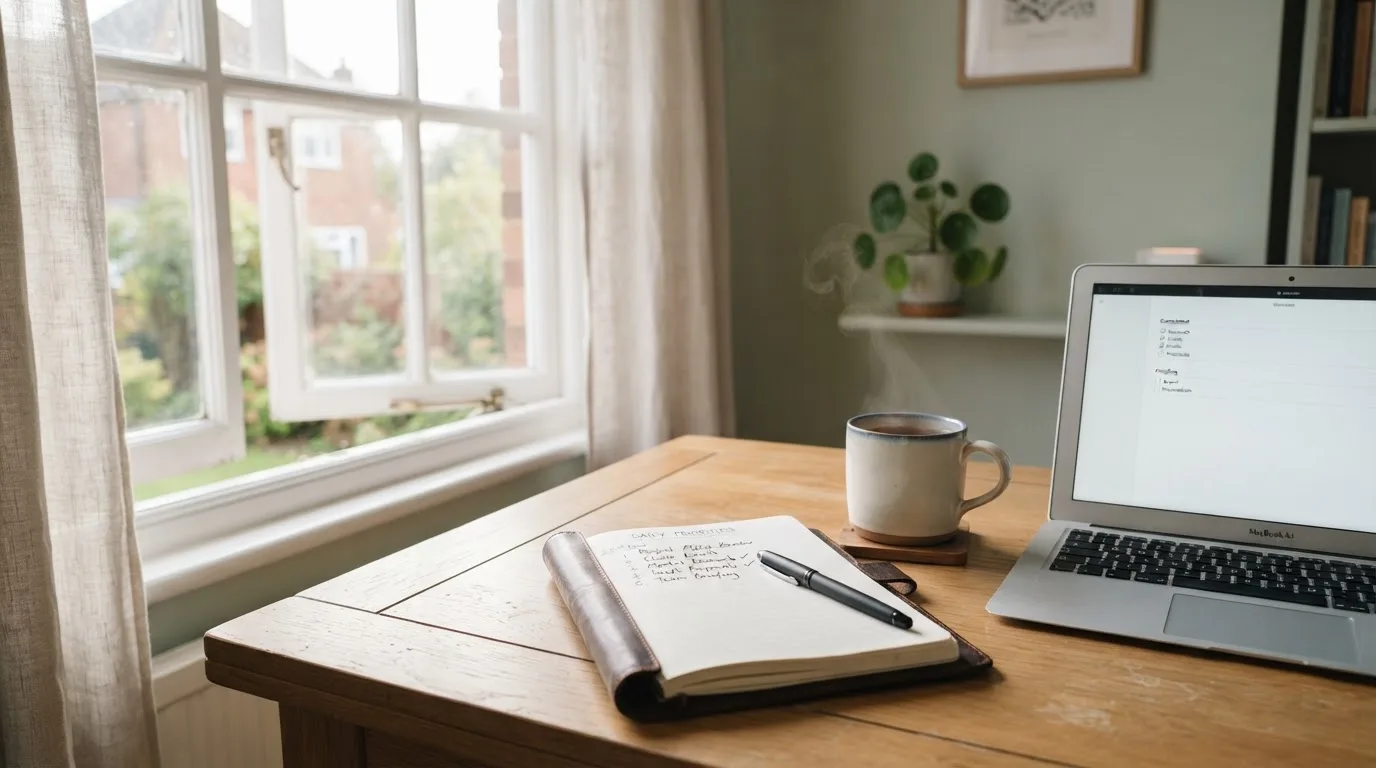 A tidy desk with a notebook, a mug of tea and a laptop open to a checklist, morning light through a window.
