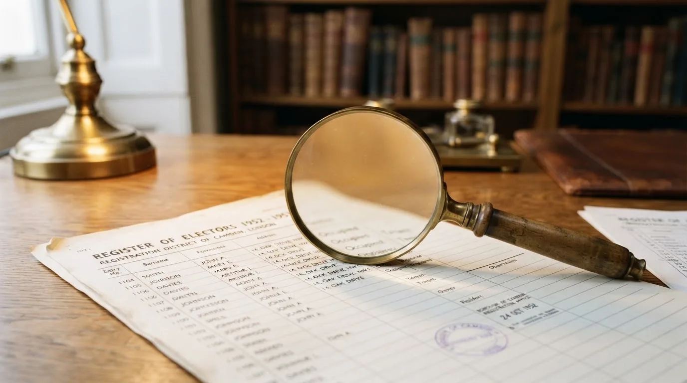 A magnifying glass rests over a printed regulatory certificate on a wooden desk.