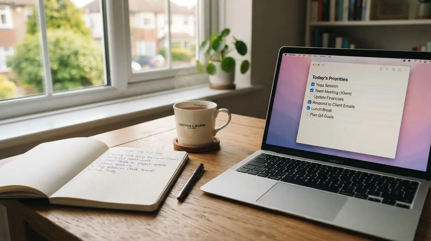 A tidy desk with a notebook, a mug of tea and a laptop open to a checklist, morning light through a window.