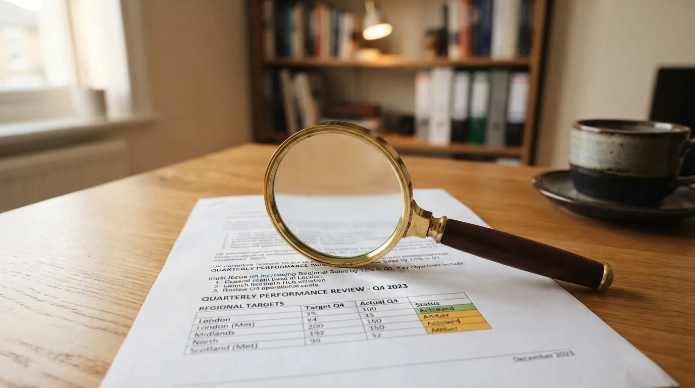 A magnifying glass rests over a printed regulatory certificate on a wooden desk.