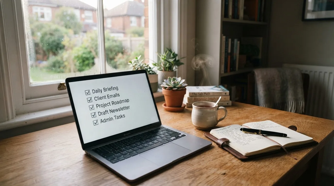 A tidy desk with a notebook, a mug of tea and a laptop open to a checklist, morning light through a window.