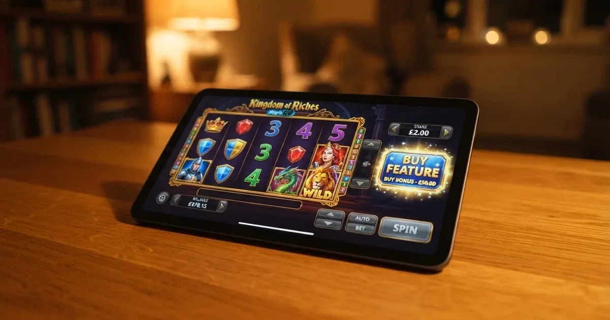 A tablet screen shows a slot's bonus-purchase button beside a stake amount field on a desk.