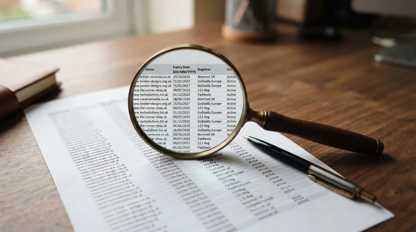 A magnifying glass rests over a printed regulatory certificate on a wooden desk.
