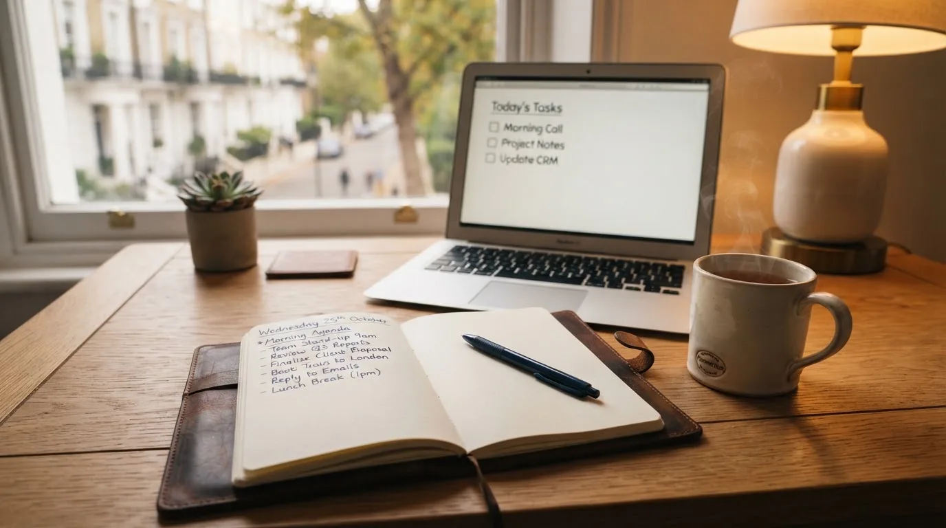 A tidy desk with a notebook, a mug of tea and a laptop open to a checklist, morning light through a window.